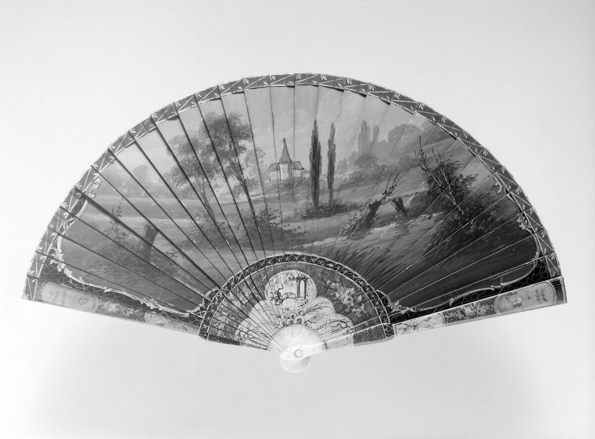 Fan, M. Serand, Ivory, paint, opals (?), French 