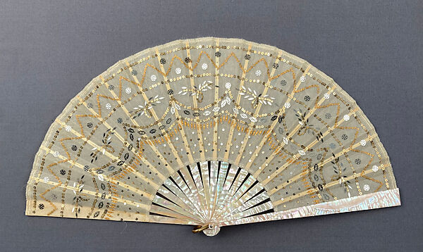 Fan, Silk, metal paillettes, mother-of-pearl, bone, brass, French 