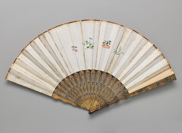 Folding Fan with Three Scenes of Figures in a Courtyard Garden, Painted and gilt paper, enameled brass, Chinese, for the European Market