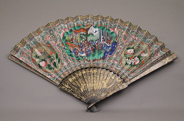Fan, Painted cloth, ivory, silk, lacquered wood, metal stud and ring, French 