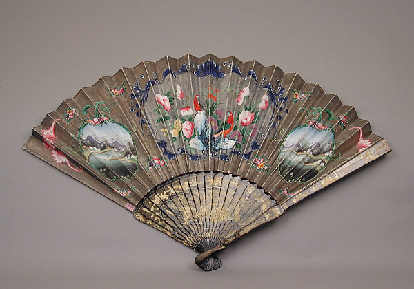 Fan, Painted cloth, ivory, silk, lacquered wood, metal stud and ring, French