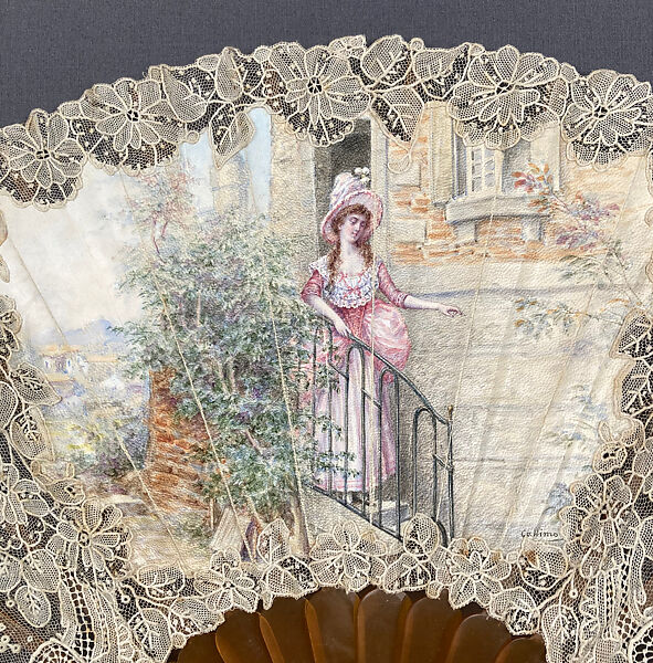 Fan, Callimo, Cotton lace, painted parchment, blond tortoise, French