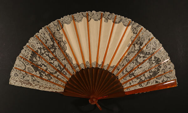 Fan, Callimo, Cotton lace, painted parchment, blond tortoise, French