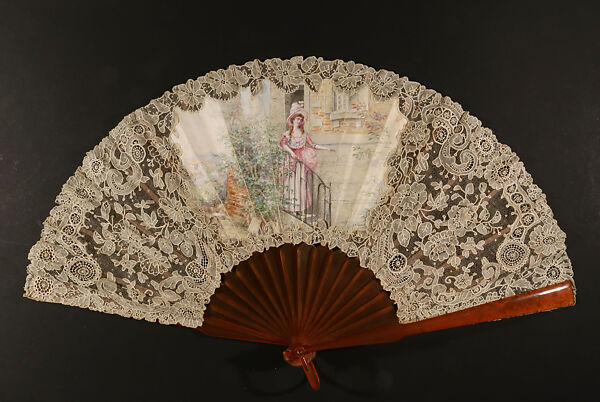 Fan, Callimo, Cotton lace, painted parchment, blond tortoise, French