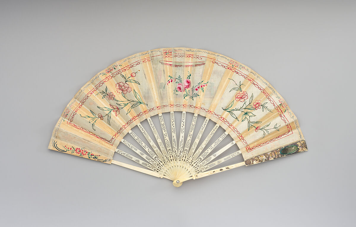 Fan, Paper, ivory, gilt tinsel, paint, silk thread, paillettes, possibly Spanish