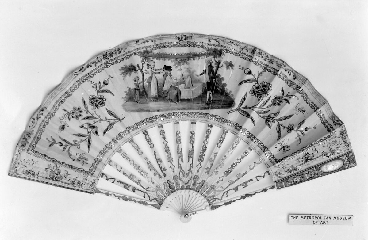 Fan, Paper, ivory, gilt tinsel, paint, silk thread, paillettes, possibly Spanish 