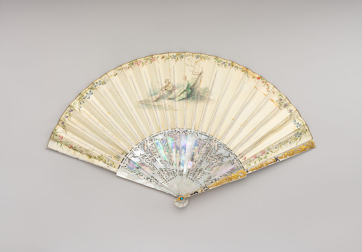 Fan, Paper, paint, pearl, gilt, possibly Italian