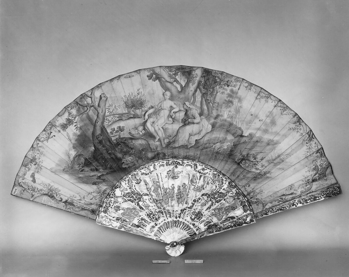 Fan, Paper, paint, pearl, gilt, possibly Italian 