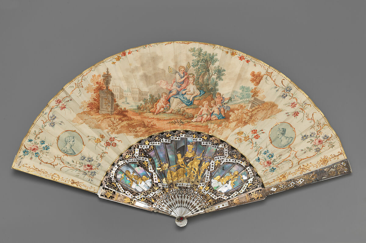 Fan depicting Psyche crowning a maiden, Painted paper; carved and pierced mother-of-pearl, metal foil; metal, glass, British 