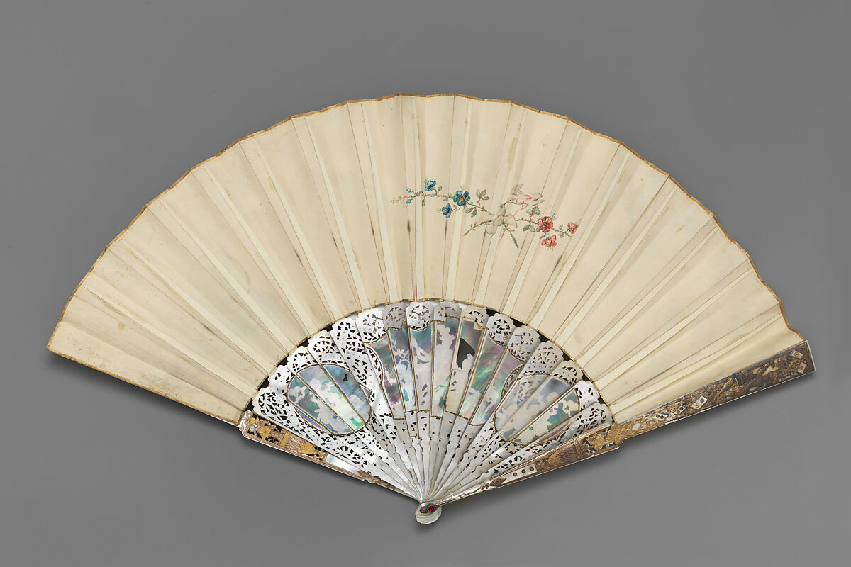 Fan depicting Psyche crowning a maiden, Painted paper; carved and pierced mother-of-pearl, metal foil; metal, glass, British