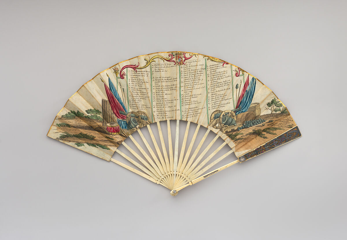 Fan with depiction of the siege of Gibraltar by the Spanish (1779–1783), Paper and ivory, Spanish