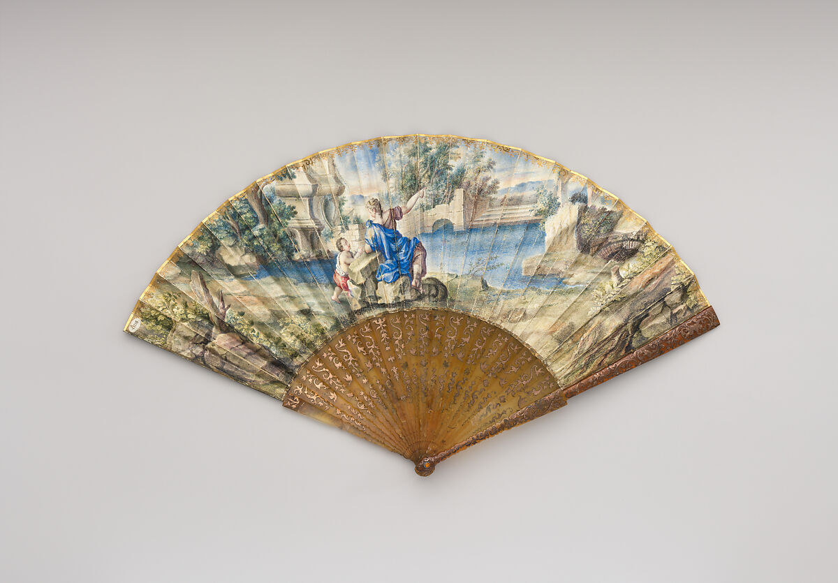 Fan, Designer: Marta Palomba, Skin, paint, tortoiseshell, gold, gouache, Italian