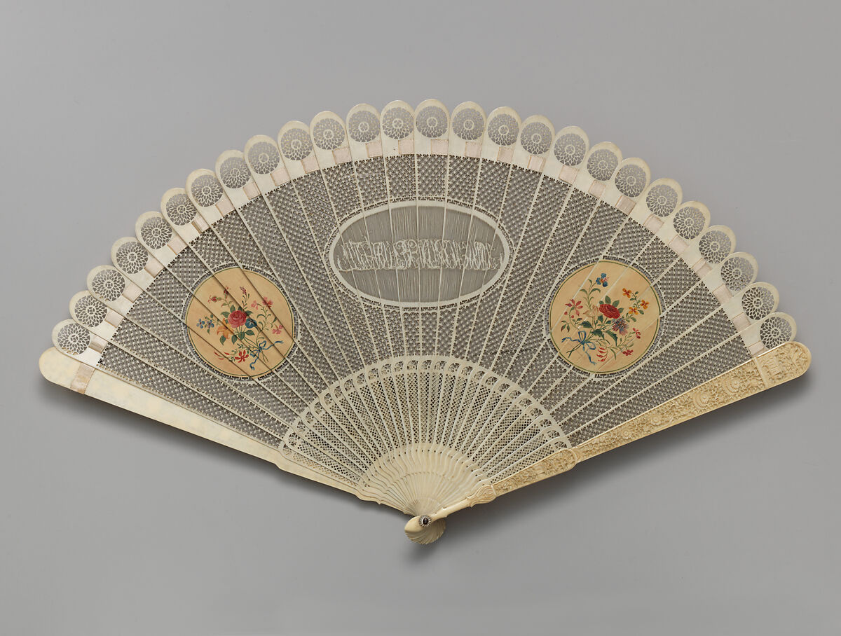 Brisé fan with script initials, Pierced and painted ivory; silk ribbon; metal, mother-of-pearl, British