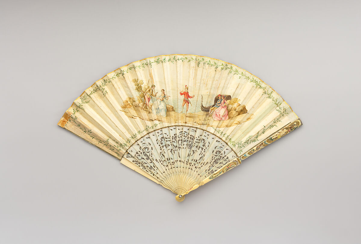 Fan, Kid, paint, ivory, gilt, brilliants, possibly Italian
