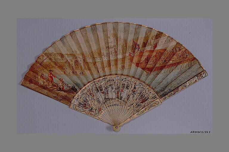 Fan, Kid, paint, ivory, gilt, brilliants, possibly Italian 