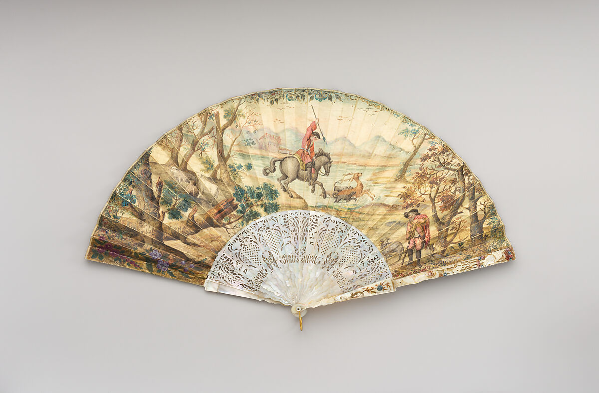 Fan, Gouche on parchement, mother-of-pearl, French or Spanish