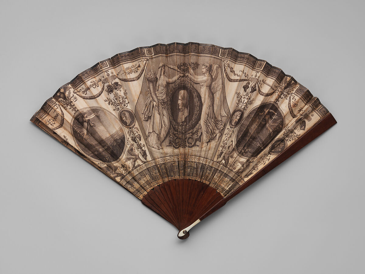 Fan with Napoleon flanked by Peace and Victory, Designed by Charles Percier (French, Paris 1764–1838 Paris), Paper, wood, bone, French 