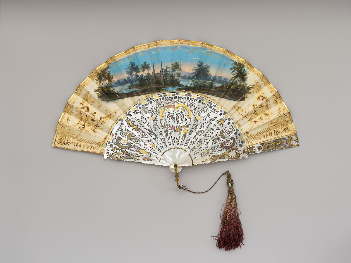 Fan, Paper, mother-of-pearl, gilt, French or Italian