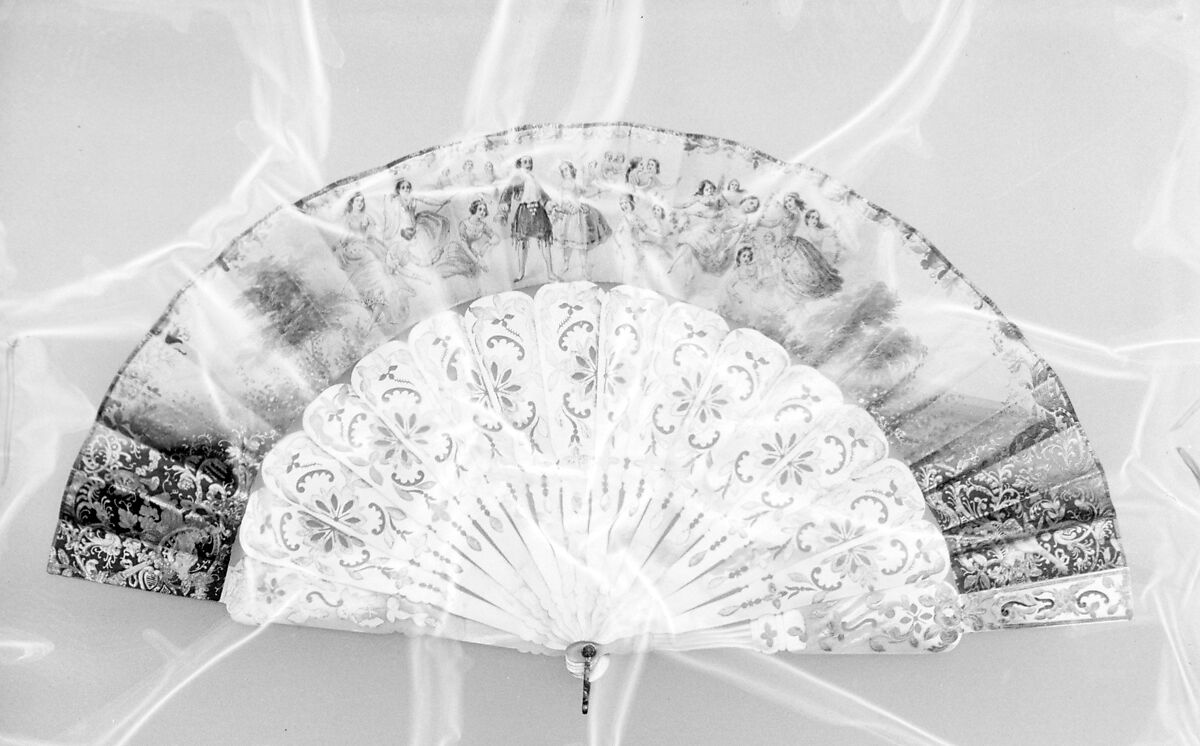 Fan, Paper, gilt, mother-of-pearl, French 