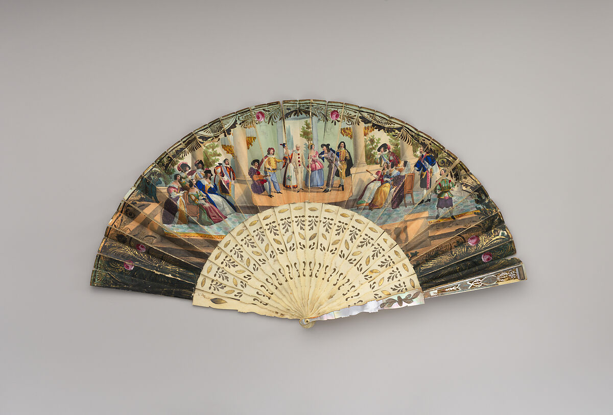 Fan, Paper, paint, gilt, ivory, mother-of-pearl, Italian