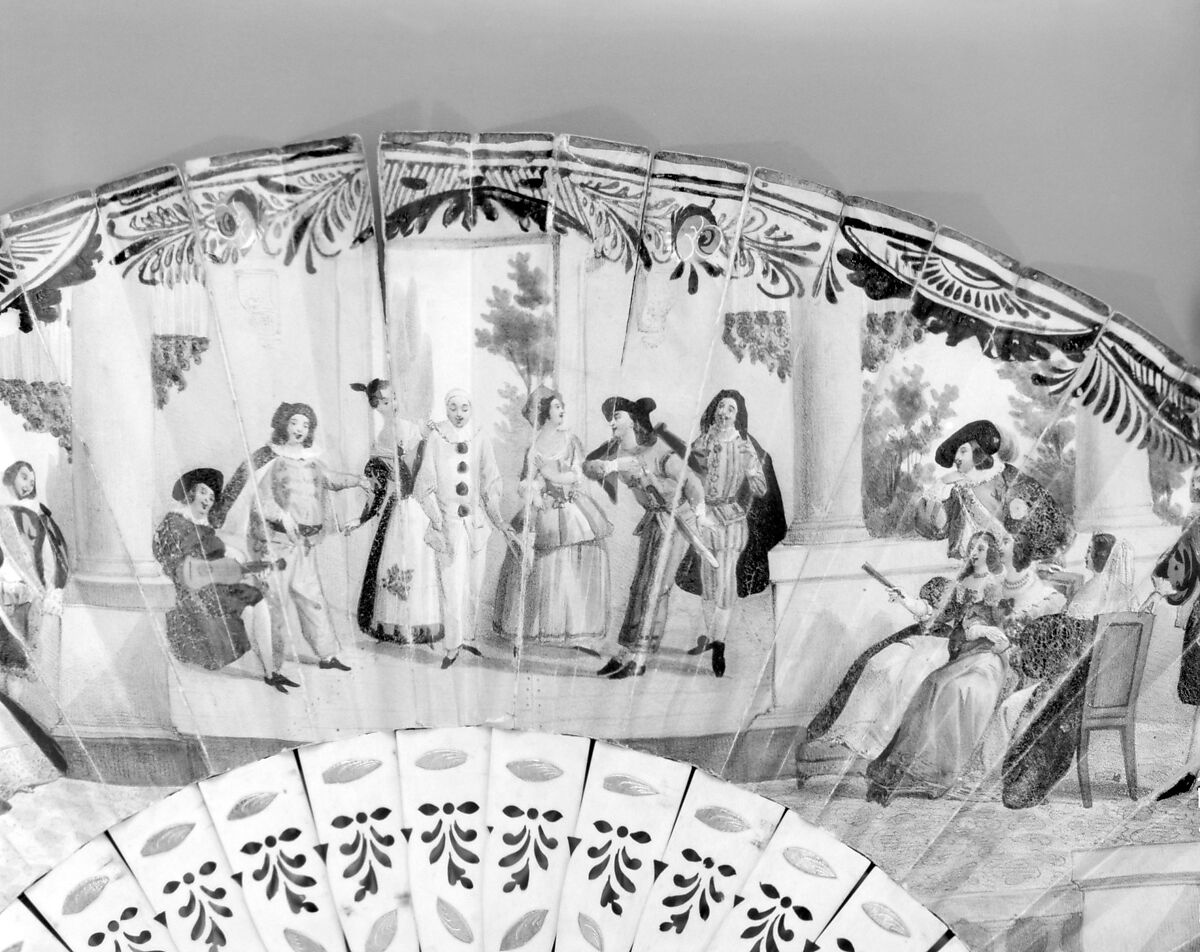 Fan, Paper, paint, gilt, ivory, mother-of-pearl, Italian 