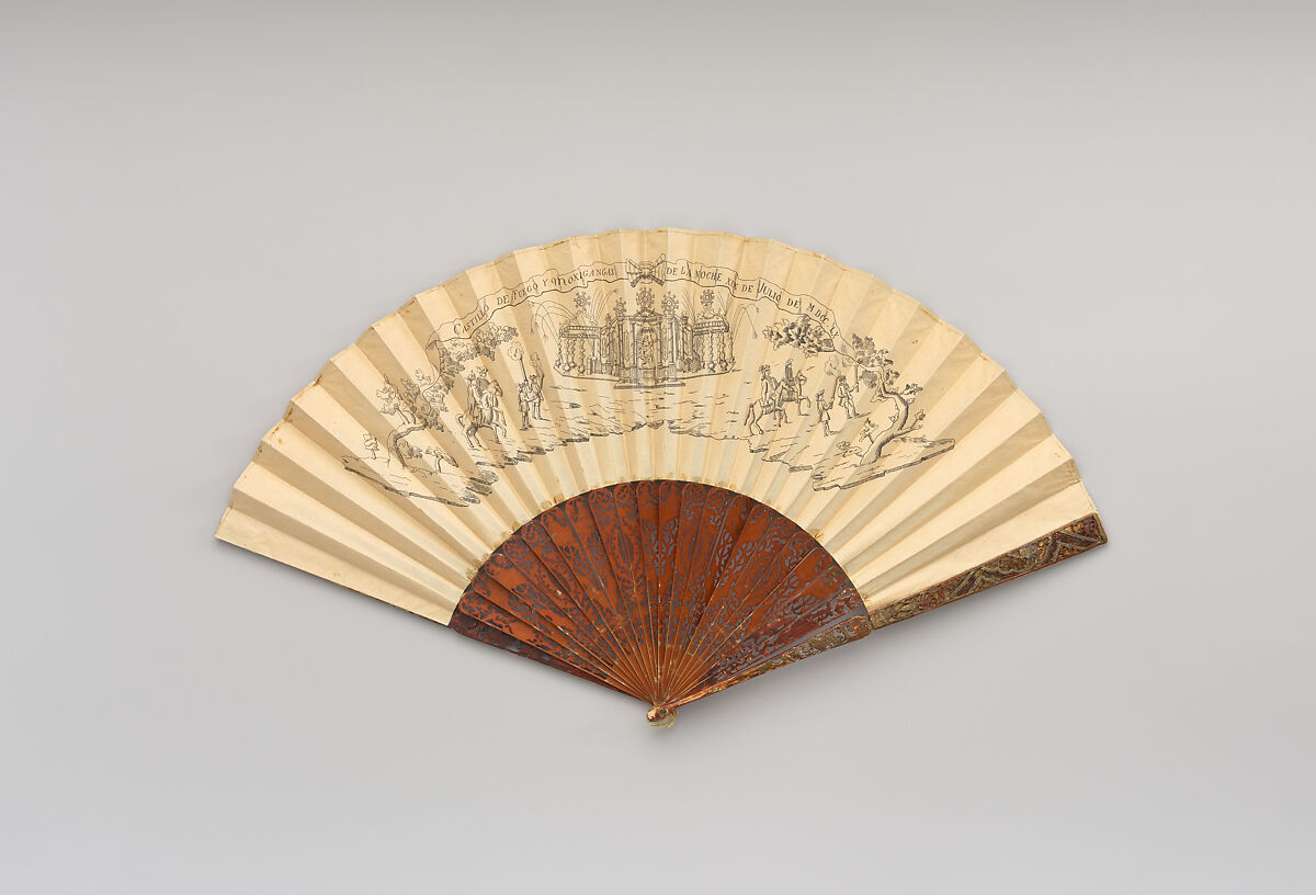 Fan with depiction of the administering of the oath to the Prince of the Asturias, July 19, 1760, Paper, ivory, paint, gilt, Spanish