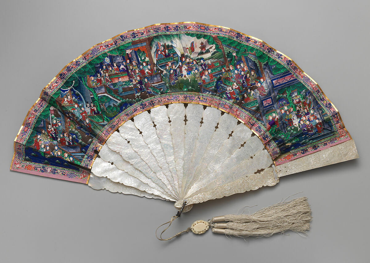 Folding Fan with Scene of Figures in a Courtyard Garden and Stately Entrance, Paper, ivory and mother-of-pearl, Chinese, for the European Market 