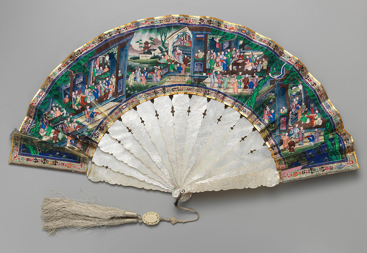 Folding Fan with Scene of Figures in a Courtyard Garden and Stately Entrance, Paper, ivory and mother-of-pearl, Chinese, for the European Market