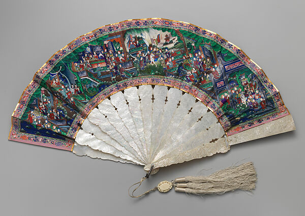 Folding Fan with Scene of Figures in a Courtyard Garden and Stately Entrance