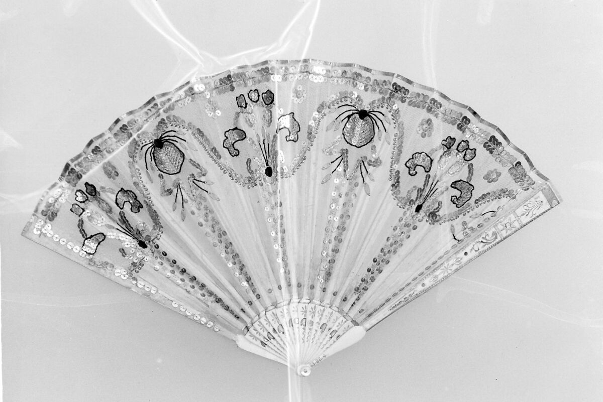 Fan, Silk, gold, net, ivory, silver gilt, possibly Spanish 