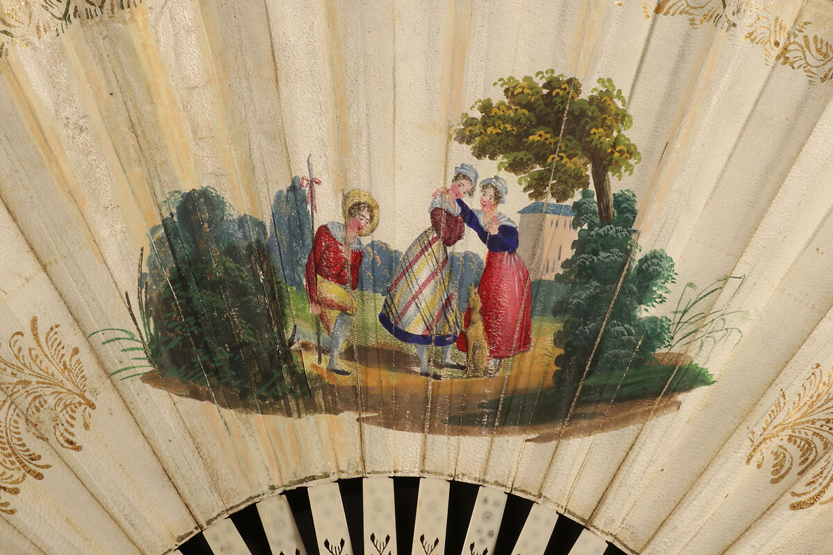 Fan, Fernando Coustellier y Vital (French, Paris 1785 – Valencia 1845), Hand-colored etching on paper; painted parchment (verso); ivory, silver, French, Paris