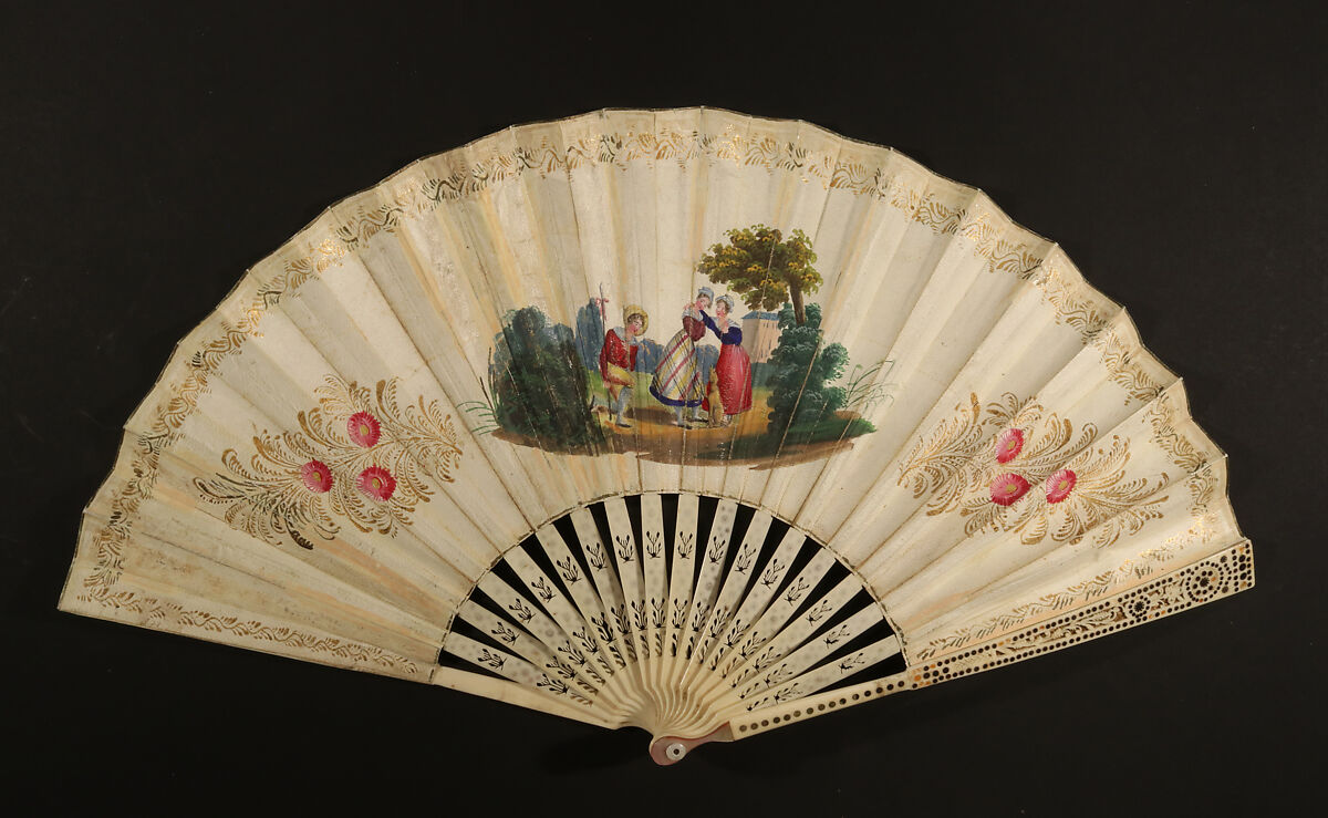 Fan, Fernando Coustellier y Vital (French, Paris 1785 – Valencia 1845), Hand-colored etching on paper; painted parchment (verso); ivory, silver, French, Paris