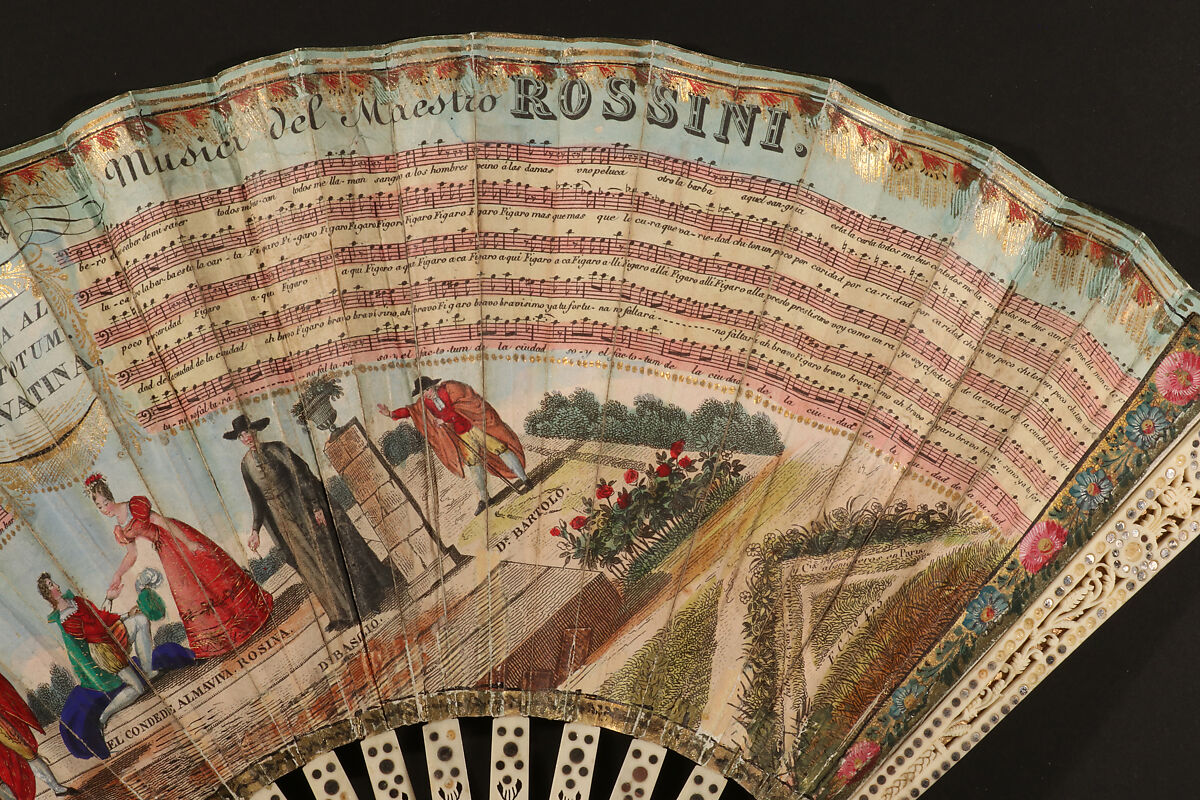 Fan, Fernando Coustellier y Vital (French, Paris 1785 – Valencia 1845), Hand-colored etching on paper; painted parchment (verso); ivory, silver, French, Paris
