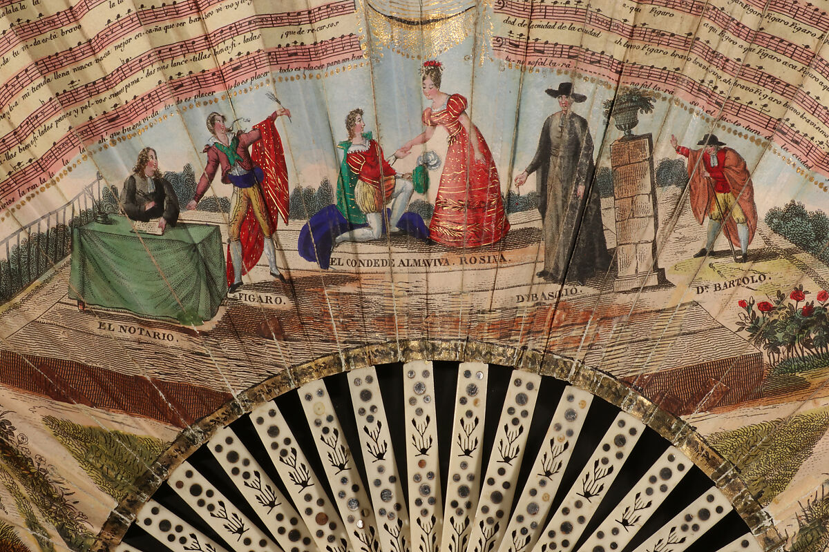 Fan, Fernando Coustellier y Vital (French, Paris 1785 – Valencia 1845), Hand-colored etching on paper; painted parchment (verso); ivory, silver, French, Paris