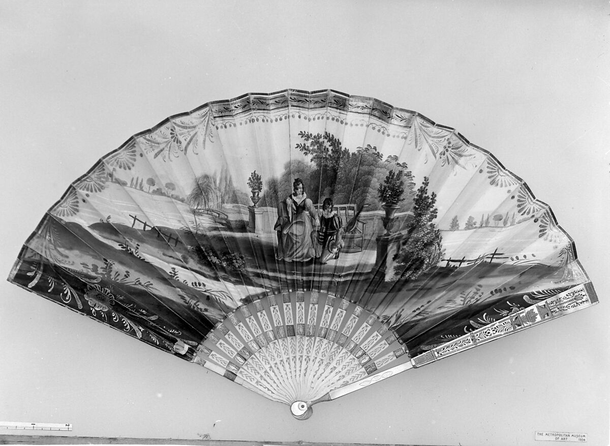 Fan, Ivory, paper, gold foil, mother-of-pearl, French 