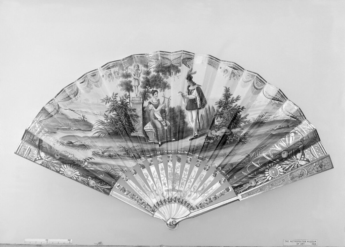 Fan, Engraved by Jean-Denis Nargeot (French, 1795–1865), Mother-of-pearl, gilt bronze, paper, colored jewels, turquoise, glass, topaz, amethyst, French 