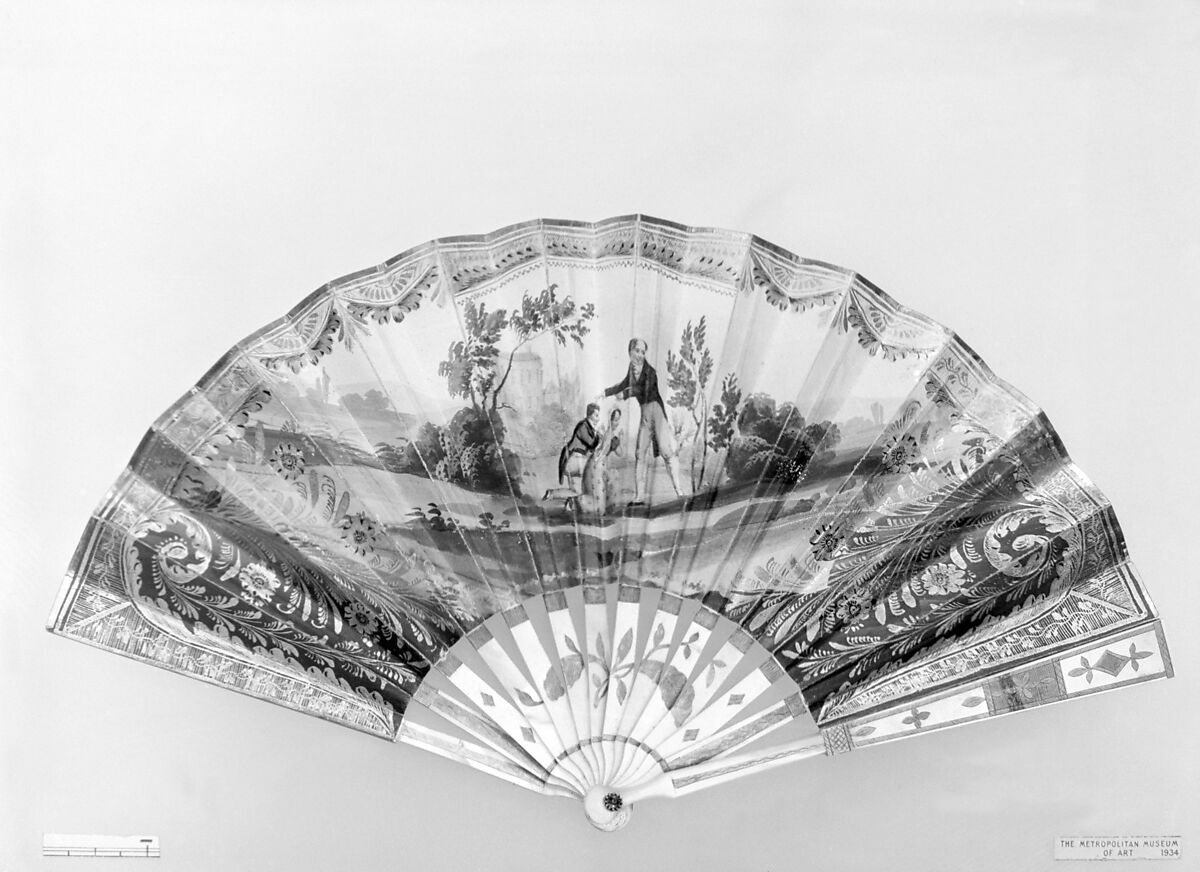 Fan, Mother-of-pearl, paper, gilt, green jewel, French 