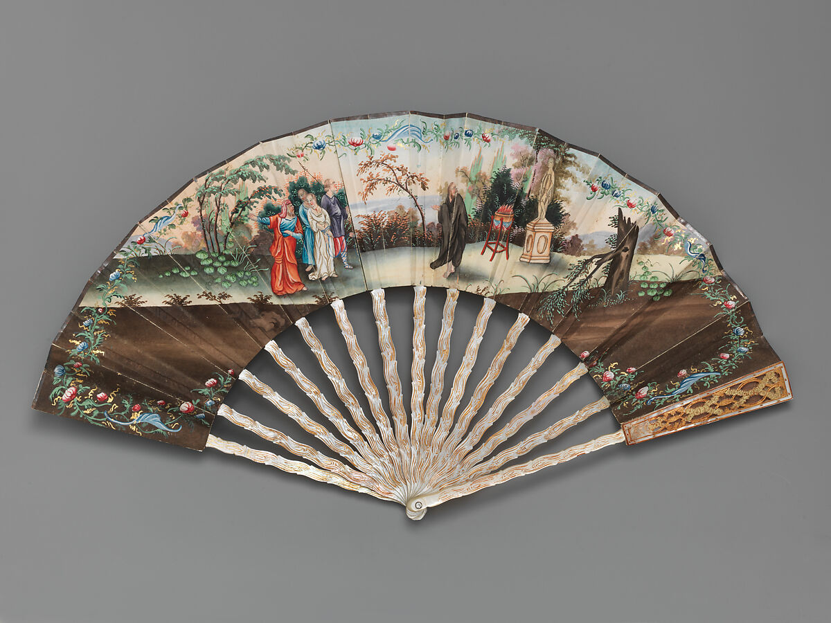 Folding Fan with Scene of Figures in a Landscape, Mother-of-pearl and paper, Chinese with European sticks 