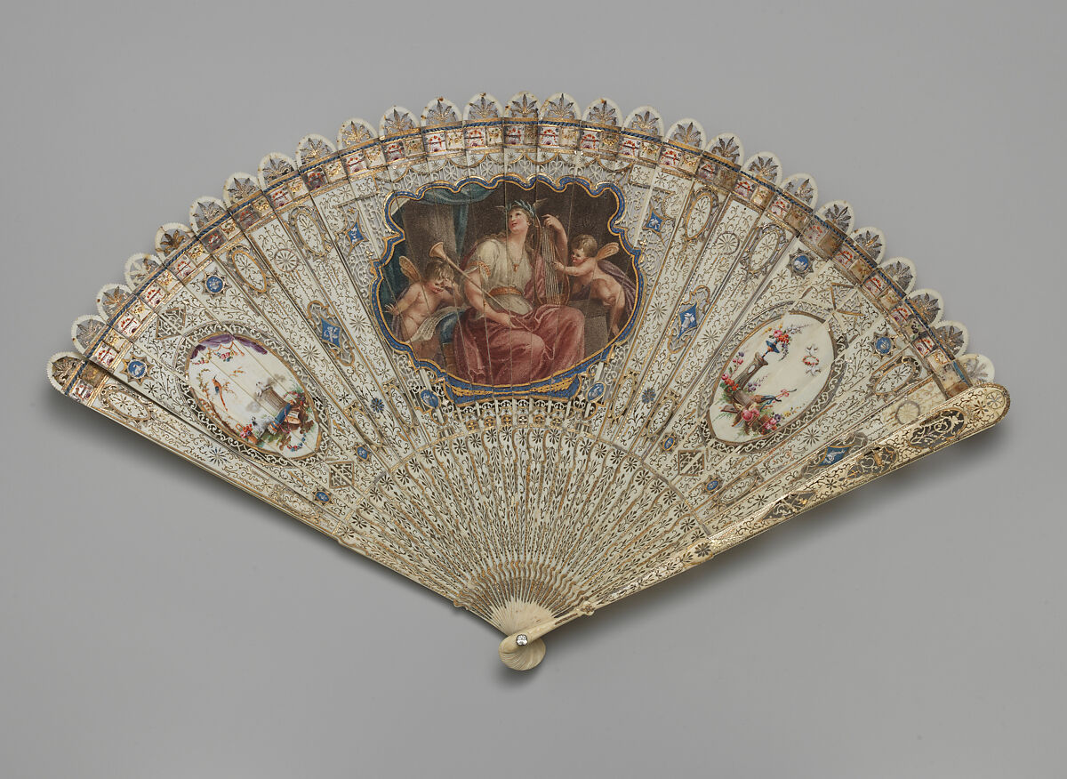Brisé fan with depiction of allegorical figure of Music, Central engraving possibly Francesco Bartolozzi (Italian, Florence 1728–1815 Lisbon), Pierced, gilded, and painted ivory; painted paper; printed and painted silk ribbon; glass, British 