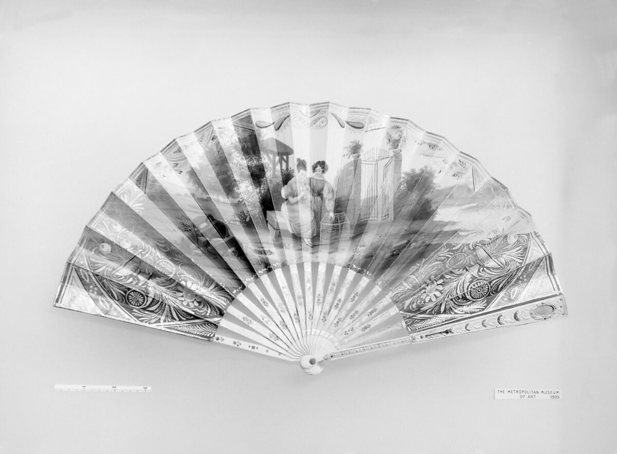 Fan, Paper, ivory, gilt, paillettes, tortoiseshell, mother-of-pearl, French 