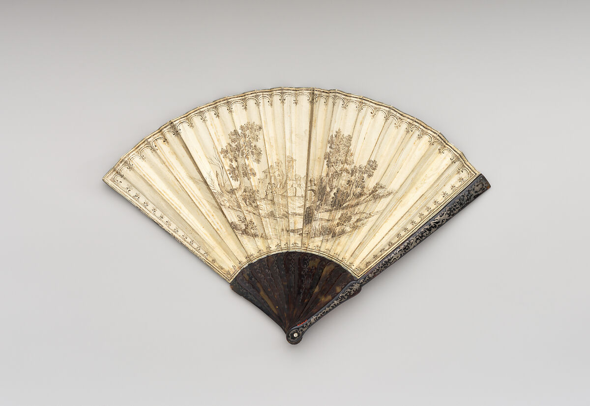 Fan, Skin, inlaid silver, and tortoiseshell, Italian