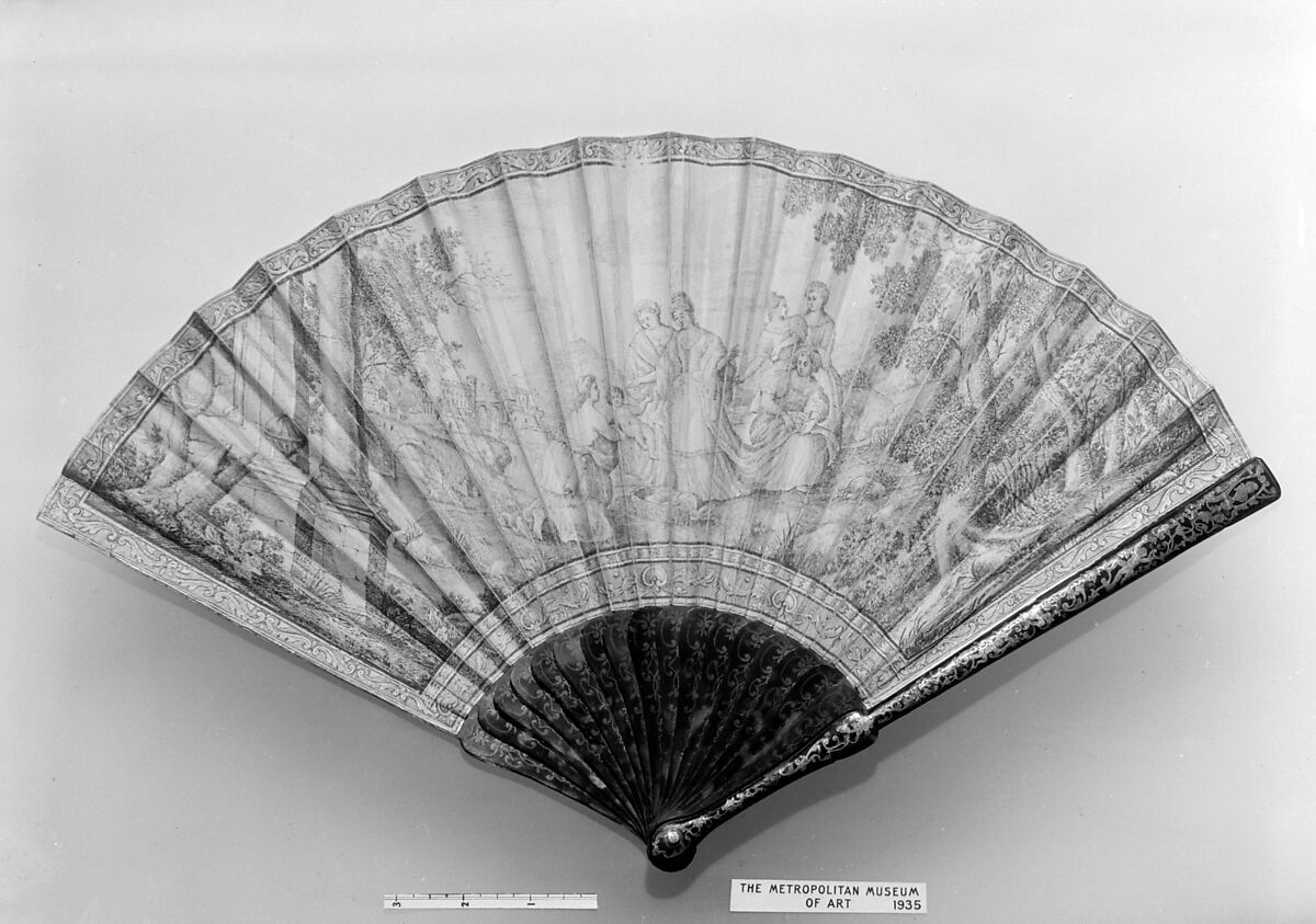 Fan, Skin, inlaid silver, and tortoiseshell, Italian 
