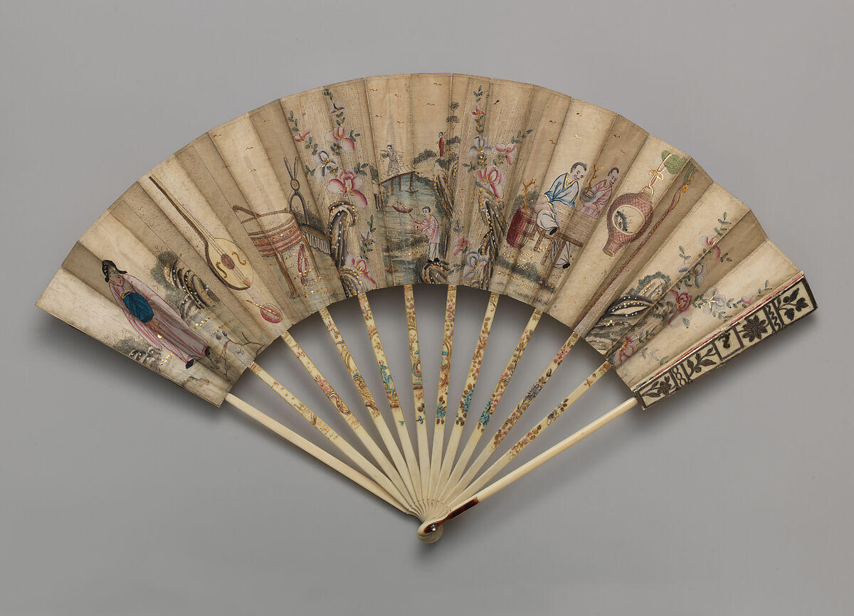 Folding Fan with Representations of Musical Instruments, Musicians and a Fisherman in a Landscape, Paper and ivory, Chinese with European sticks 