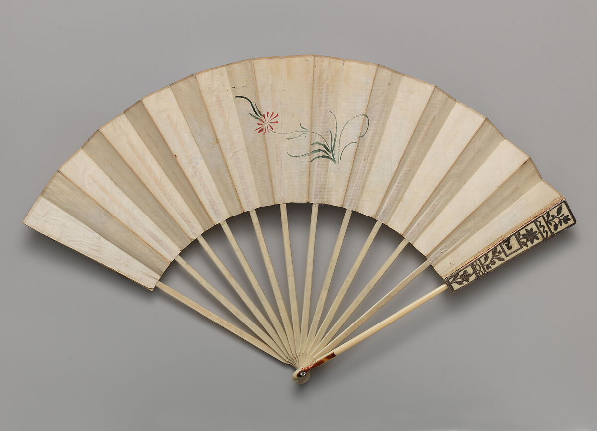 Folding Fan with Representations of Musical Instruments, Musicians and a Fisherman in a Landscape, with calendar, Hand-colored etching on paper; ivory, metal; printed paper, Chinese with European sticks