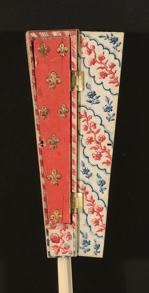 Folding Fan with Representations of Musical Instruments, Musicians and a Fisherman in a Landscape, with calendar, Hand-colored etching on paper; ivory, metal; printed paper, Chinese with European sticks