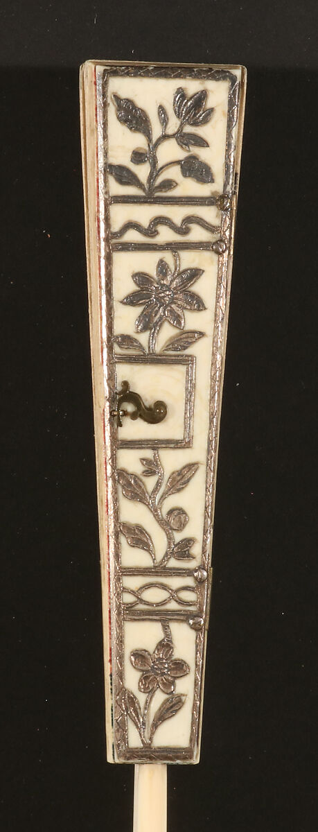 Folding Fan with Representations of Musical Instruments, Musicians and a Fisherman in a Landscape, with calendar, Hand-colored etching on paper; ivory, metal; printed paper, Chinese with European sticks