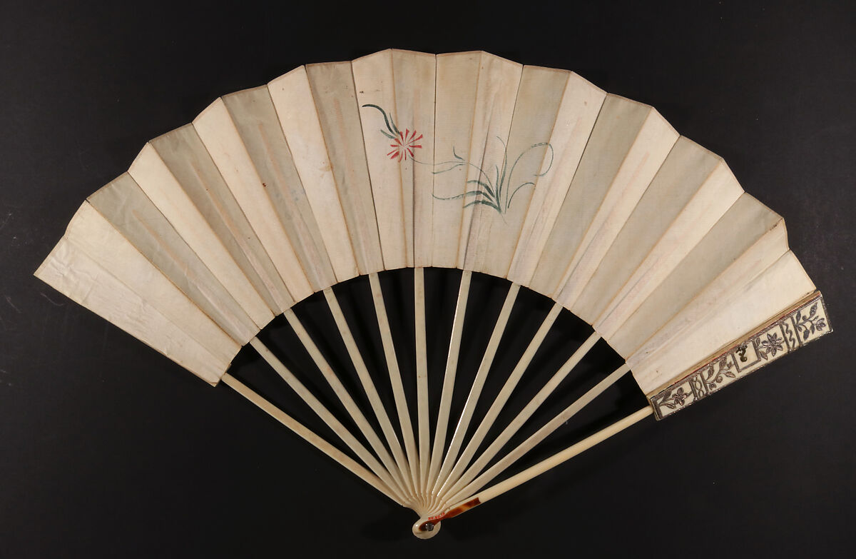 Folding Fan with Representations of Musical Instruments, Musicians and a Fisherman in a Landscape, with calendar, Hand-colored etching on paper; ivory, metal; printed paper, Chinese with European sticks