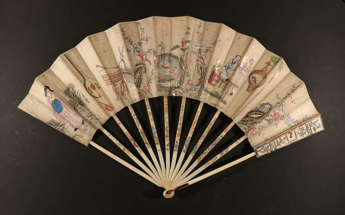 Folding Fan with Representations of Musical Instruments, Musicians and a Fisherman in a Landscape, with calendar, Hand-colored etching on paper; ivory, metal; printed paper, Chinese with European sticks