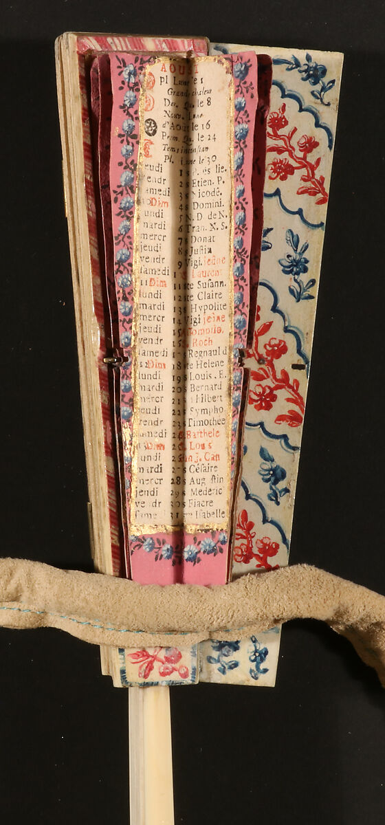 Folding Fan with Representations of Musical Instruments, Musicians and a Fisherman in a Landscape, with calendar, Hand-colored etching on paper; ivory, metal; printed paper, Chinese with European sticks
