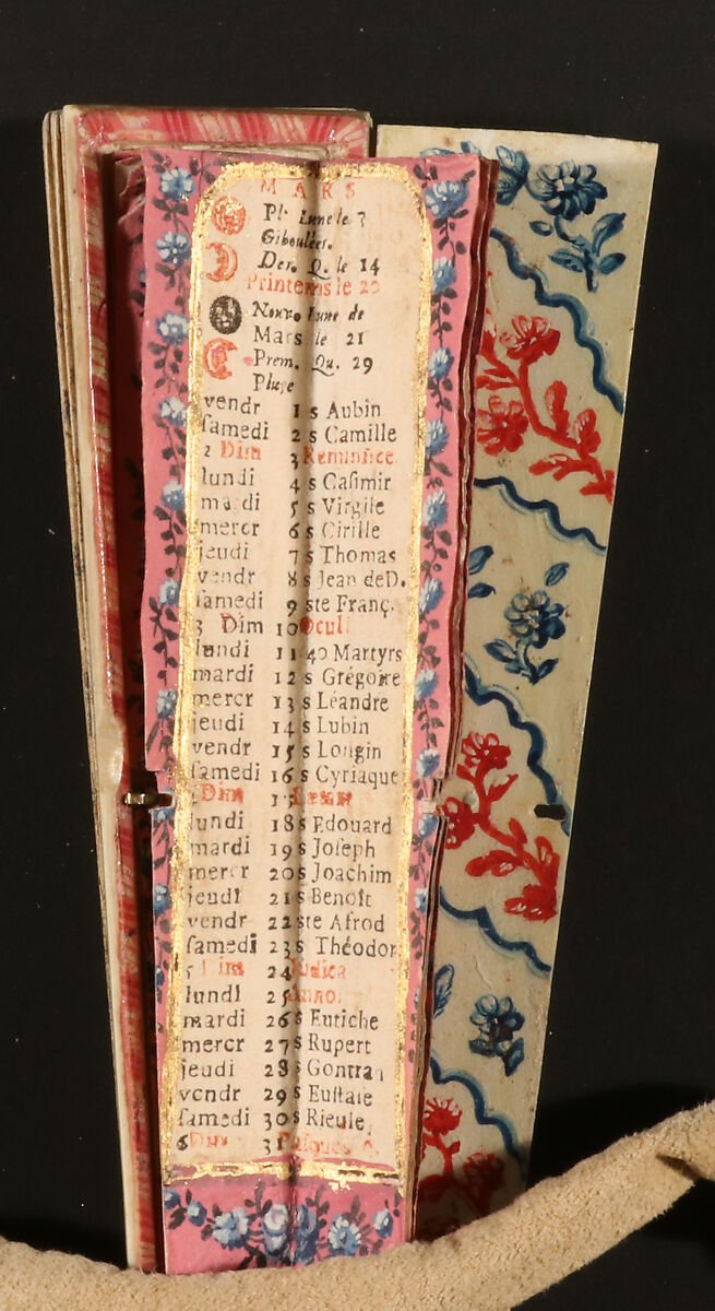 Folding Fan with Representations of Musical Instruments, Musicians and a Fisherman in a Landscape, with calendar, Hand-colored etching on paper; ivory, metal; printed paper, Chinese with European sticks